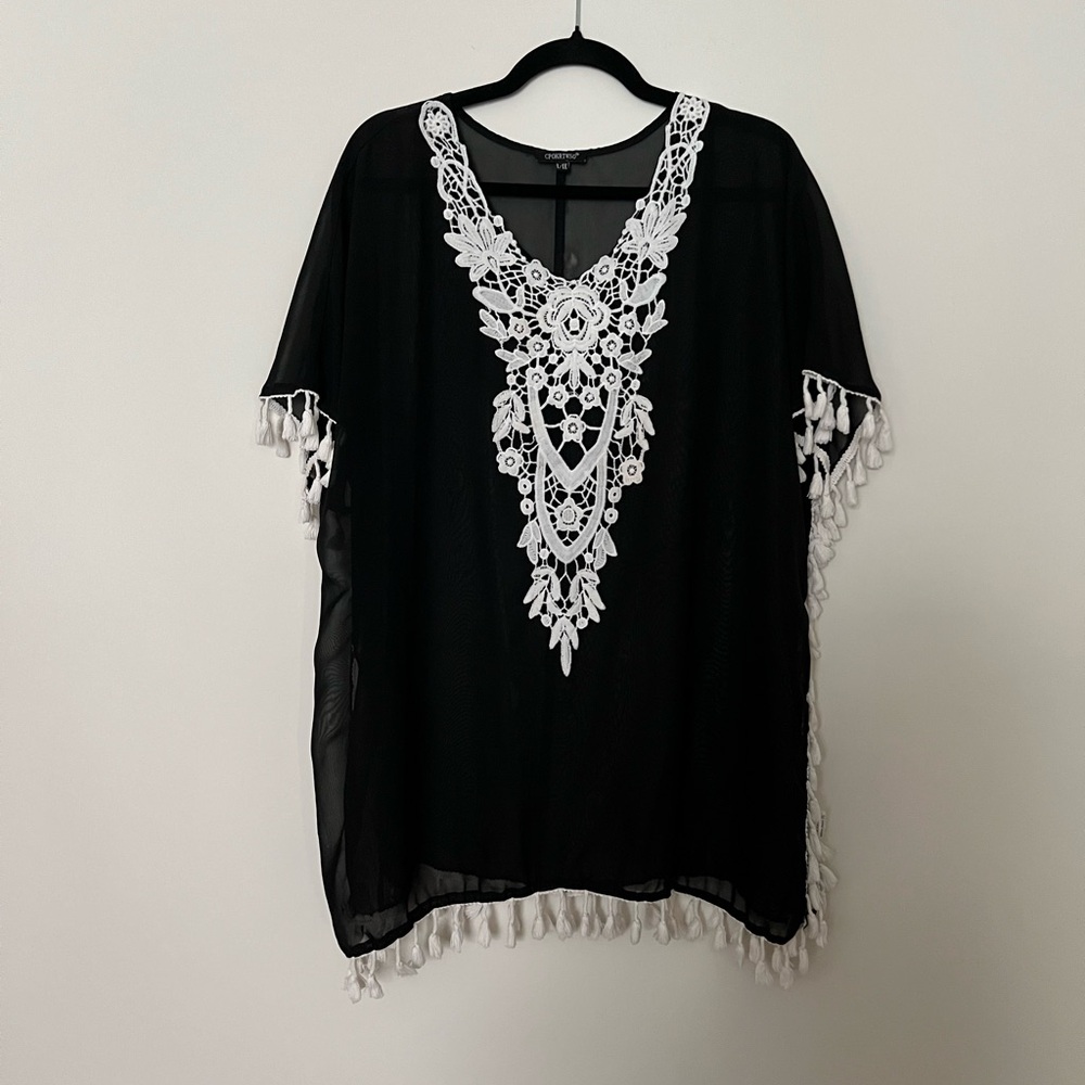 Women’s CPOKRTWSO sheer black with white lace trim overlay top L-1X